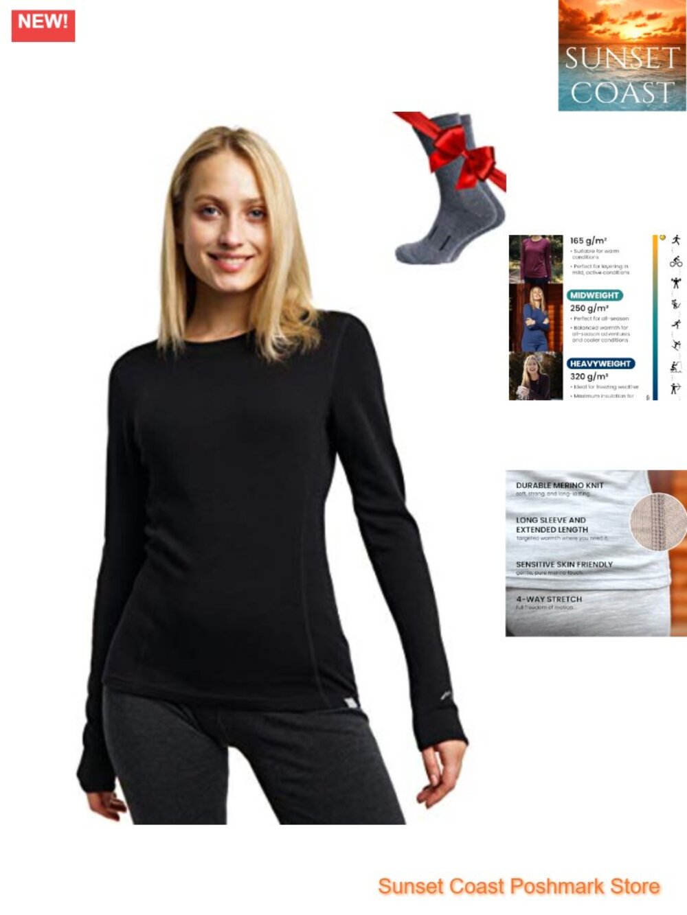 Merino Wool Base Layer Women Long Sleeve Thermal Shirt with Socks